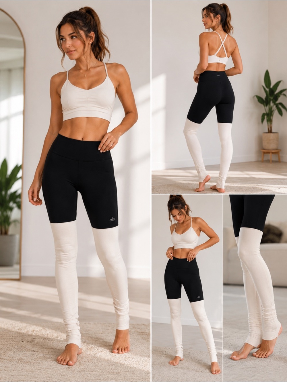 Alo Yoga Black White Colorblock Ruched Leggings Balletcore Pilates Pants M